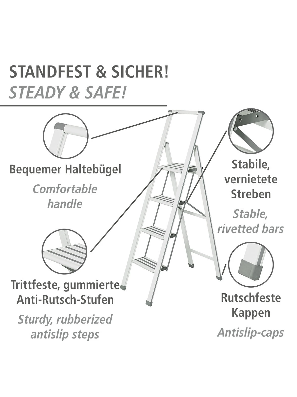 Wenko Alu-Design Klapptrittleiter 4-stufig Weiß In Weiß 14 Wenko Alu-Design Klapptrittleiter 4-stufig Weiß In Weiß – Bild 12